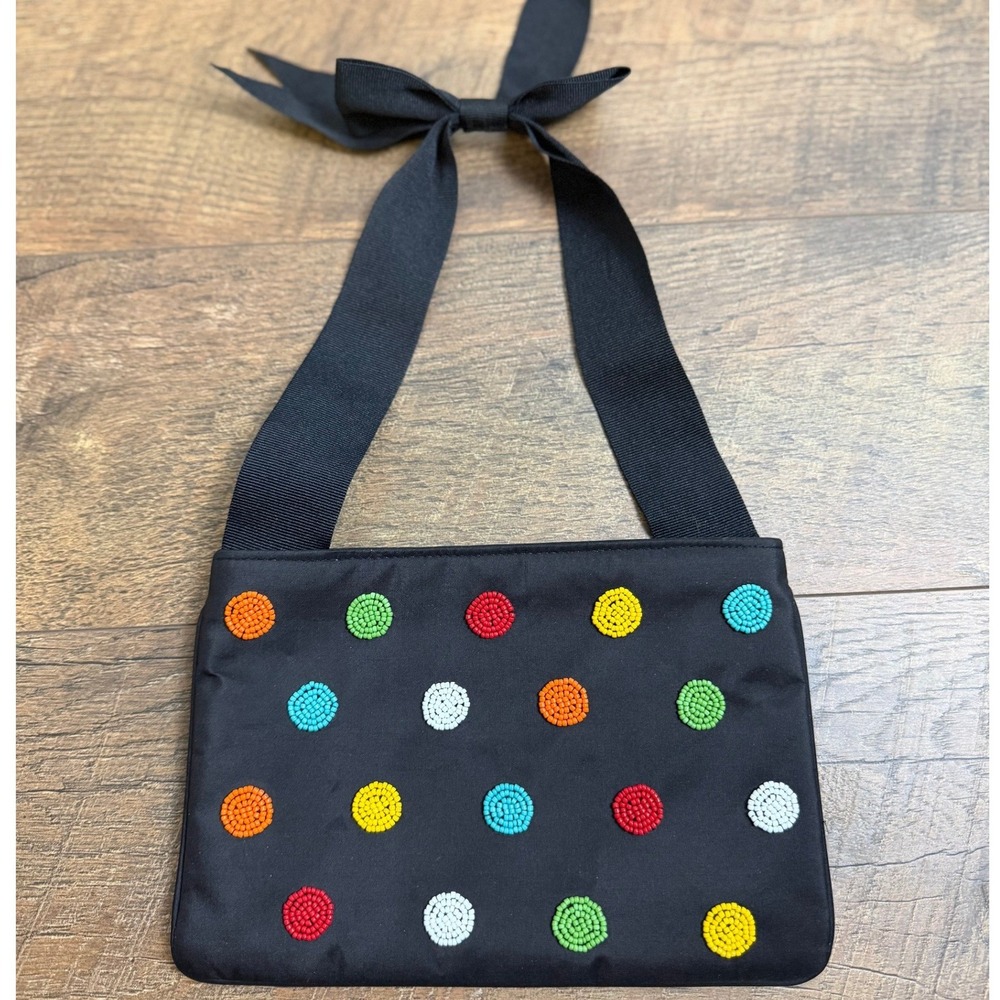 Inge Christopher Black Beaded Polka Dot Purse Grosgrain Bow